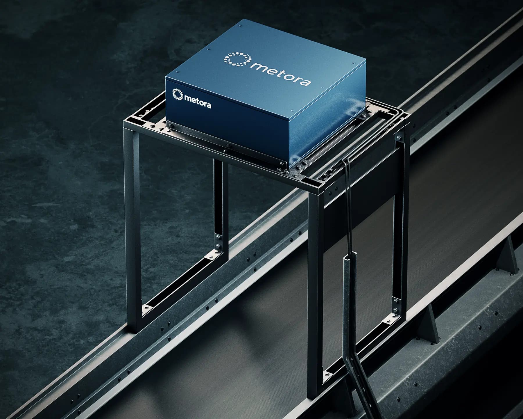 Rendering: blue camera housing with the metora logo on a black gantry above a conveyor belt